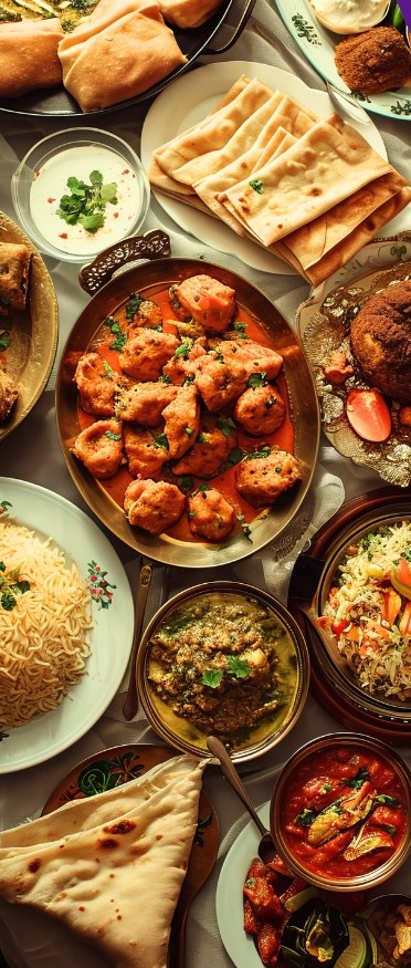 An overhead spread of Indian dishes, curries, rice and naan